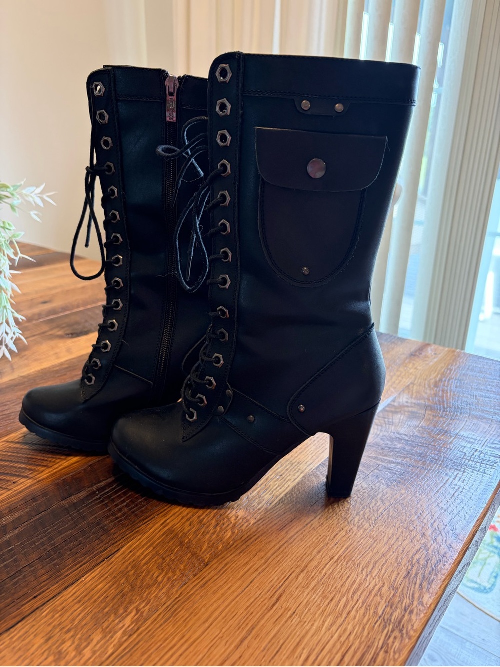 Black High-Heel Lace-Up Combat Boots with Side Pocket and Side Zip